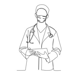 Wall Mural - A young medical doctor in protective surgical mask carrying a note. Continuous single line drawing vector illustration