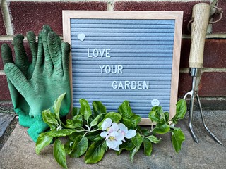 Love your garden. Gardening concept with felt letter board, handheld prune, dirty gloves and a pruned branch with blossom from an apple tree on a stone patio