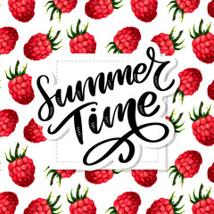 Poster - Summer watercolor pattern with funny raspberries on the white background, aquarelle. Vector illustration. Hand-drawn background. Useful for invitations, scrapbooking, design.