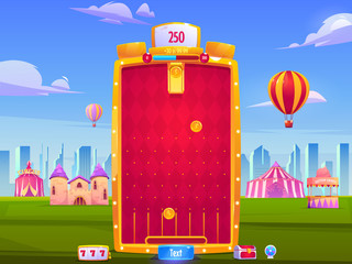 Poster - mobile game app background, application vertical interface. ui or gui arcade with city fair, golden 