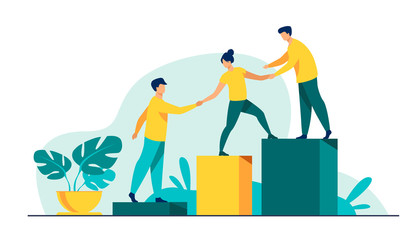 Employees giving hands and helping colleagues to walk upstairs. Team giving support, growing together. Vector illustration for teamwork, mentorship, cooperation concept