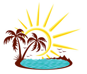 Sticker - Tropical island symbol with sea, sun and palm trees.