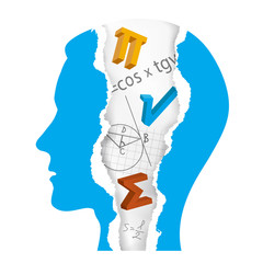 
Student of Mathematics silhouette, ripped paper, education concept.
Torn paper stylized male head with ripped paper fragments with mathematics symbols, formulas and notes. Vector available.