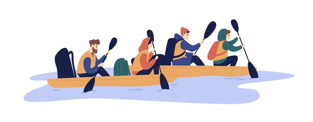 Active friends rafting on boat at river vector flat illustration. Group of backpack people enjoying extreme lifestyle isolated on white. Man and woman hold paddle floating on water together