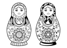 Nesting Doll For Coloring Book. Black Drawing On White Background