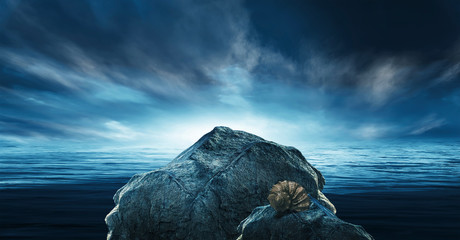 Wall Mural - night futuristic seascape. reflection of the moon on sea water. large stones, rocks on the shore, tr