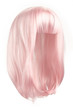 Subject shot of a lustrous pale pink wig with bangs. The shoulder-long wig is isolated on the white background. 