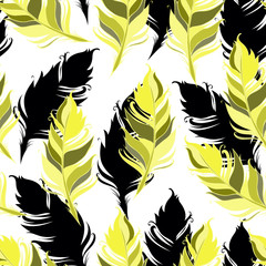  Yellow and black feathers on White background. Seamless pattern. Vector illustration
