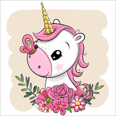 Wall Mural - cartoon unicorn with flowers on a beige background
