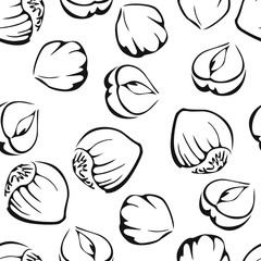 Wall Mural - Hazelnut seamless pattern. Black and white outline illustration. Vector monochrome silhouettes of nuts. Food simple background.