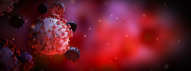 Poster - Microscopic close-up of the covid-19 disease. Coronavirus illness spreading in body cell. 2019-nCoV analysis on microscope level 3D rendering