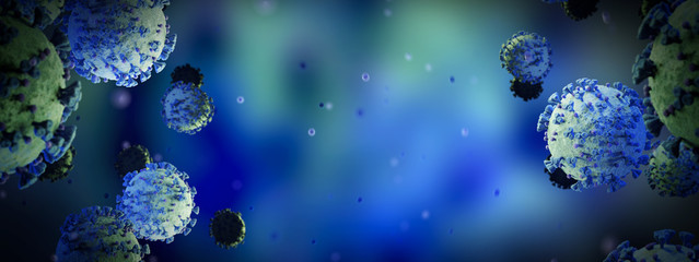 Poster - Microscopic close-up of the covid-19 disease. Coronavirus illness spreading in body cell. 2019-nCoV analysis on microscope level 3D rendering