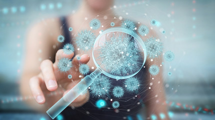 Poster - Woman analyzing holographic coronavirus projection through magnifying glass 3D rendering