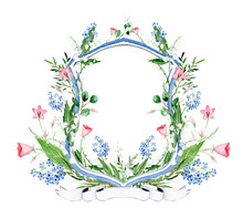 Watercolor Floral Crest. Lily Of The Valley And Wild Flowers Crest.