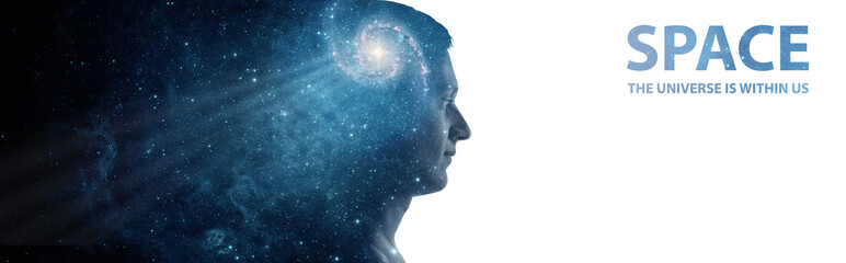 Wall Mural - Silhouette of man with the galaxy as a brain isolated on white background. The universe is within us, galaxy and stars is a concept symbol of human thinking.  Elements of this image furnished by NASA.
