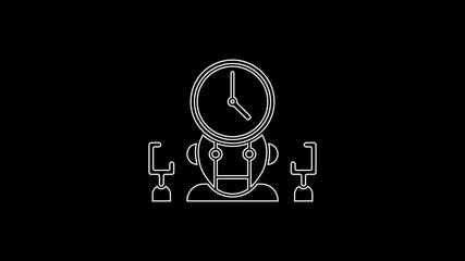 Poster - White line Robot and digital time manager icon isolated on black background. Time management assistance, workflow optimization help. 4K Video motion graphic animation