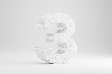 Wall Mural - Marble 3d number 3. White marble number isolated on white background. Glossy marble stone alphabet. 3d rendered font character.