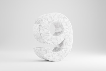 Wall Mural - Marble 3d number 9. White marble number isolated on white background. Glossy marble stone alphabet. 3d rendered font character.