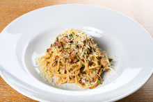 Spaghetti Carbonara, Specific Authentic Traditional Italian: Bacon, Egg, Parmesan Shavings