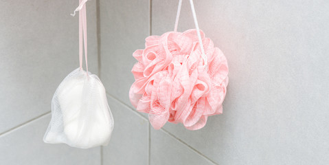 Poster - Soap and soft pink bath puff