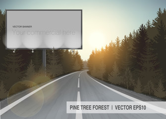 Vector coniferous forest with fir trees, long road and empty billboards for you advertisement and design