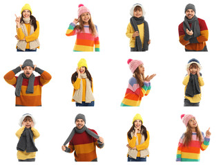 Wall Mural - Collage with photos of people wearing warm clothes on white background. Winter vacation