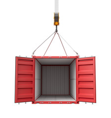 Poster - 3d rendering of crane lifting open empty red shipping container isolated on white background