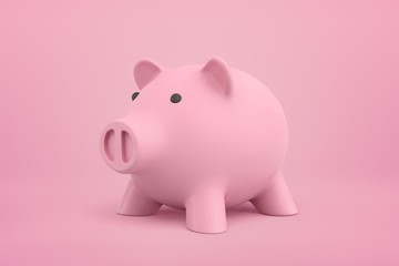 3d close-up rendering of pink piggy bank standing on background of the same color.