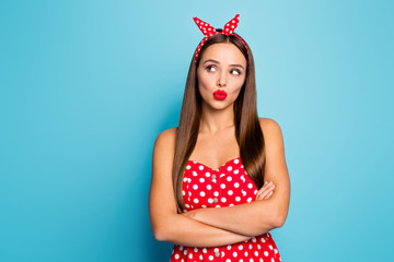 Sticker - Close-up portrait of her she nice attractive lovely lovable winsome dreamy straight-haired girl folded arms pout lips thinking isolated on bright vivid shine vibrant blue color background