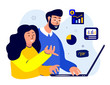 Employee Working Online,Stay Home.Businesswoman,Man,Copywriters,Colleagues,Telework Freelancers. Remote Workplace. Distance Job Accounting. Workplace. Internet,Laptop Computer.Flat Vector Illustration