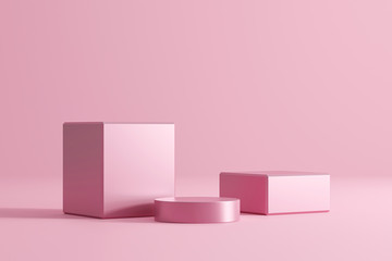 Aufkleber - Pink geometric pedestal or podium stand on blank product background with pastel fashion concept. Pink studio platform template. 3D rendering.