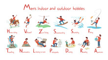 Set Of Indoors And Outdoors Men's Hobbies. Vector Isolated Illustration With Texture In Cartoon Style.