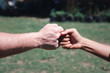 © meeboonstudio - Close-up of two fists of woman and man bumping together in a garden. Concept of teamwork.