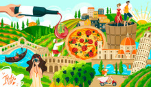Travel In Italy Symbols, Rome And Italian Architecture, Food And People Tourism Elements Landmarks, Pisa Tower, Venice Cartoon Vector Illustration. Italy Culture Tourists Travelling Advertisement.