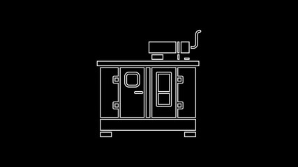 Sticker - White line Diesel power generator icon isolated on black background. Industrial and home immovable power generator. 4K Video motion graphic animation