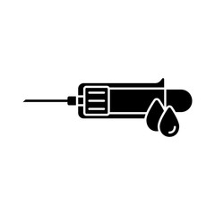 Fototapete - Silhouette syringe for blood sampling from vein with drops. Outline logo of laboratory tests. Illustration of vacuum medical tool for taking biological material. Flat isolated vector icon