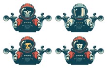 Astronaut With Laser Gun. Space Warrior With Blaster. Vintage Isolated Vector Illustration.