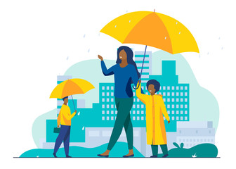 Poster - People walking during rain on street colorful flat vector illustration. Mother with child in raincoat walking under red umbrella. Cityscape with skyscrapers and other buildings on background