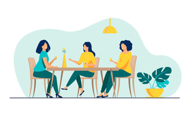 Three female friends sitting in cafe at lunch and talking flat vector illustration. Women hanging out together. Friendship and communication concept.