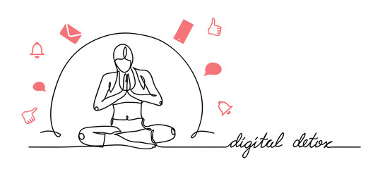 Sticker - Digital detox simple vector illustration, web banner, background. Woman sits in yoga relaxing pose under the dome protection from gadgets and social medias. One continuous line drawing illustration.