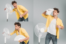 Collage Of Man With Towel, Electric And Hand Fans Suffering From Heat, Showing Like Sign And Looking At Camera On Grey