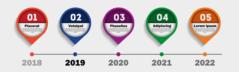 Sticker - Timeline infographics. Workflow and process chart design with date and description.Timeline template with 5 steps. Business diagram for annual report and strategy planning vector infographics