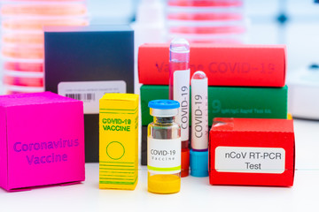 Sticker - A set of medicines in medical lab for coronavirus NCOV- 19 from PCR test, antibody test, vaccine and remdesivir antiviral drug