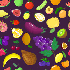 Wall Mural - Organic vegetable tropical fruit seamless pattern flat vector illustration. Healthy eco food product. Wrapping design paper packaging, banner for wholesome foodstuff, proper nutrition.