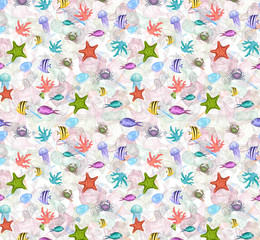  Clip art corals, crab, sea fishes, sea horses, jelly fishes and seaweed, starfishes in plastic trash seamless pattern. Hand drawn watercolor illustration of Ocean pollution. Ecological problem.