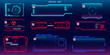 © PALERM089 - set of futuristic screens for video games with elements of HUD, GUI, UI. Set of isolated frames on a dark transparent background. Names and cues with pop-up text
