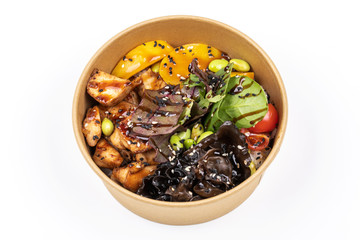 Wall Mural - Poke bowl with chicken and vegetables on the white table.