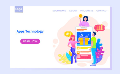 Fototapete - Apps technology in wireless device, man and woman characters communicating with touchscreen phone. User and interface of gadget with graph vector. Webpage in flat design style, website template