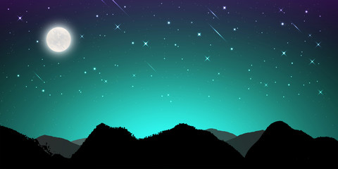 Wall Mural - Night landscape with silhouettes of mountains and sky with stars and fullmoon, Starry night sky background.  blue sky with shinning stars, vector illustration
