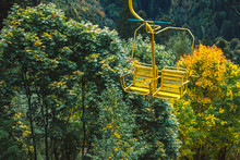Old Chairlift Cableway In Dombay Ski Resort From The Mount Mussa Achitara In Autumn, Beautiful Mountains Landscape, Caucasus, Russia